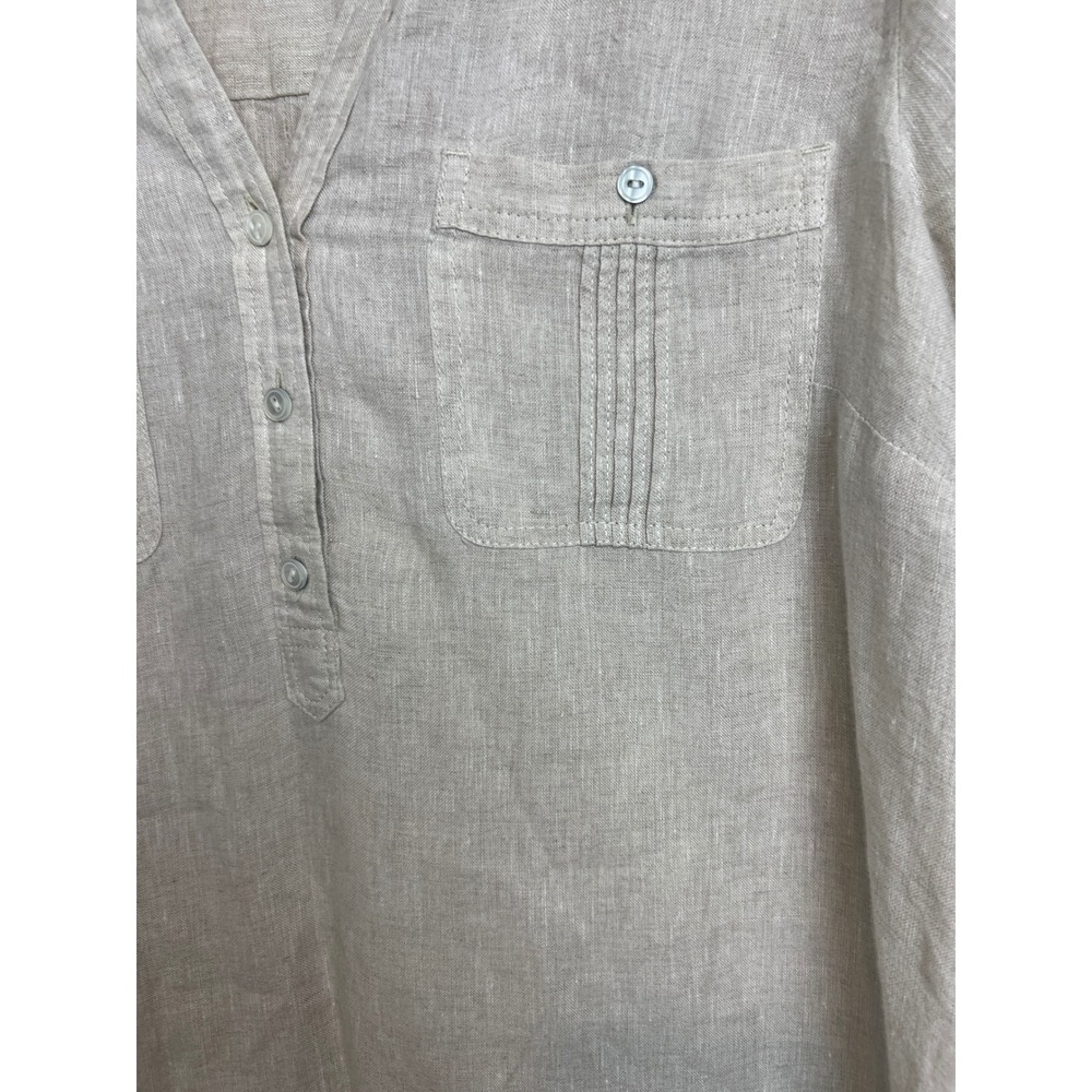 Talbots Linen Henley Blouse Women Size M‎ Beige Roll Tab Sleeve Pintuck F17 - Picture 7 of 13